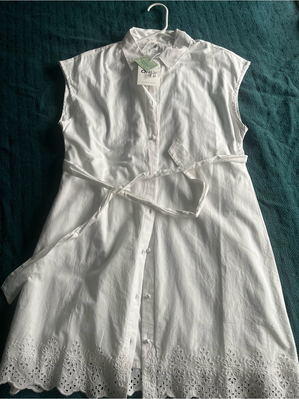 Organic White Sleeveless Button-Front Eyelet Hem Shirt Dress with Waist Tie
